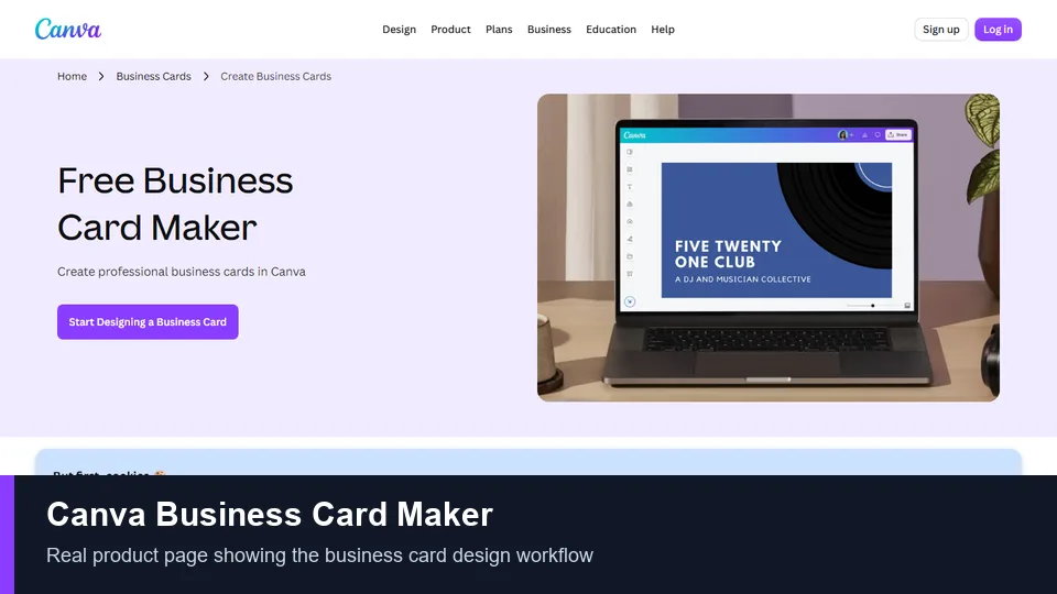 Canva Business Card Maker product page showing its online card design workflow