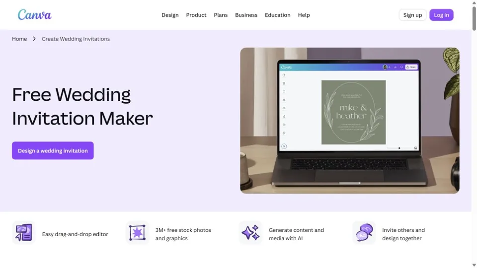 Canva wedding invitation maker product page and editor preview