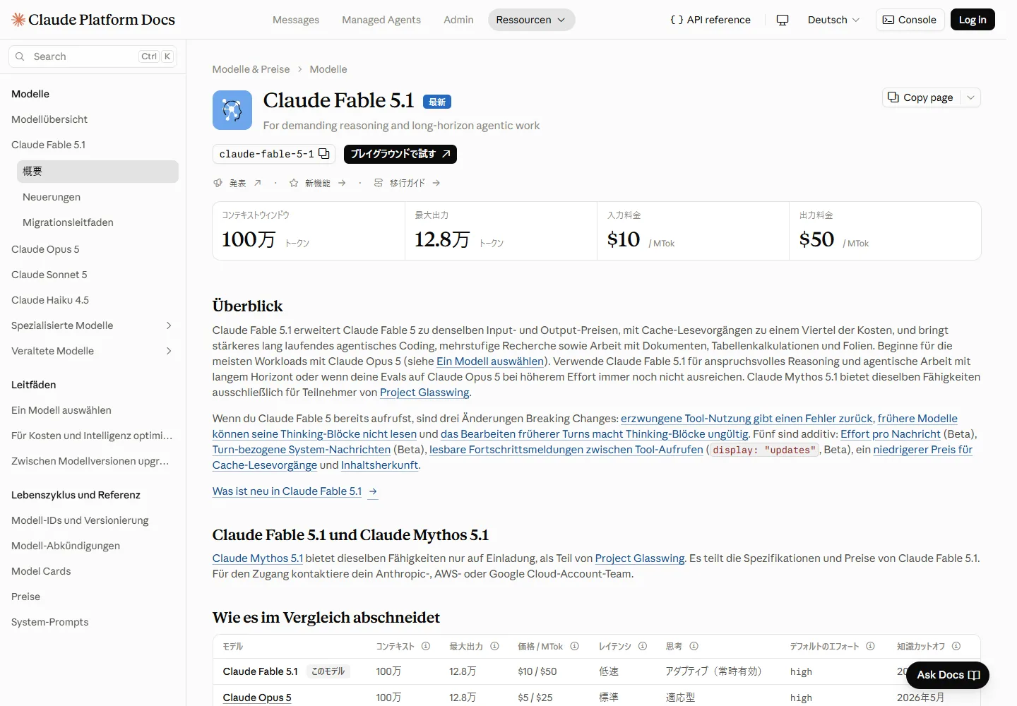 Offizielle deutsche Dokumentation zu Claude Fable 5.1 mit Kontext, Ausgabelimit und API-Preisen