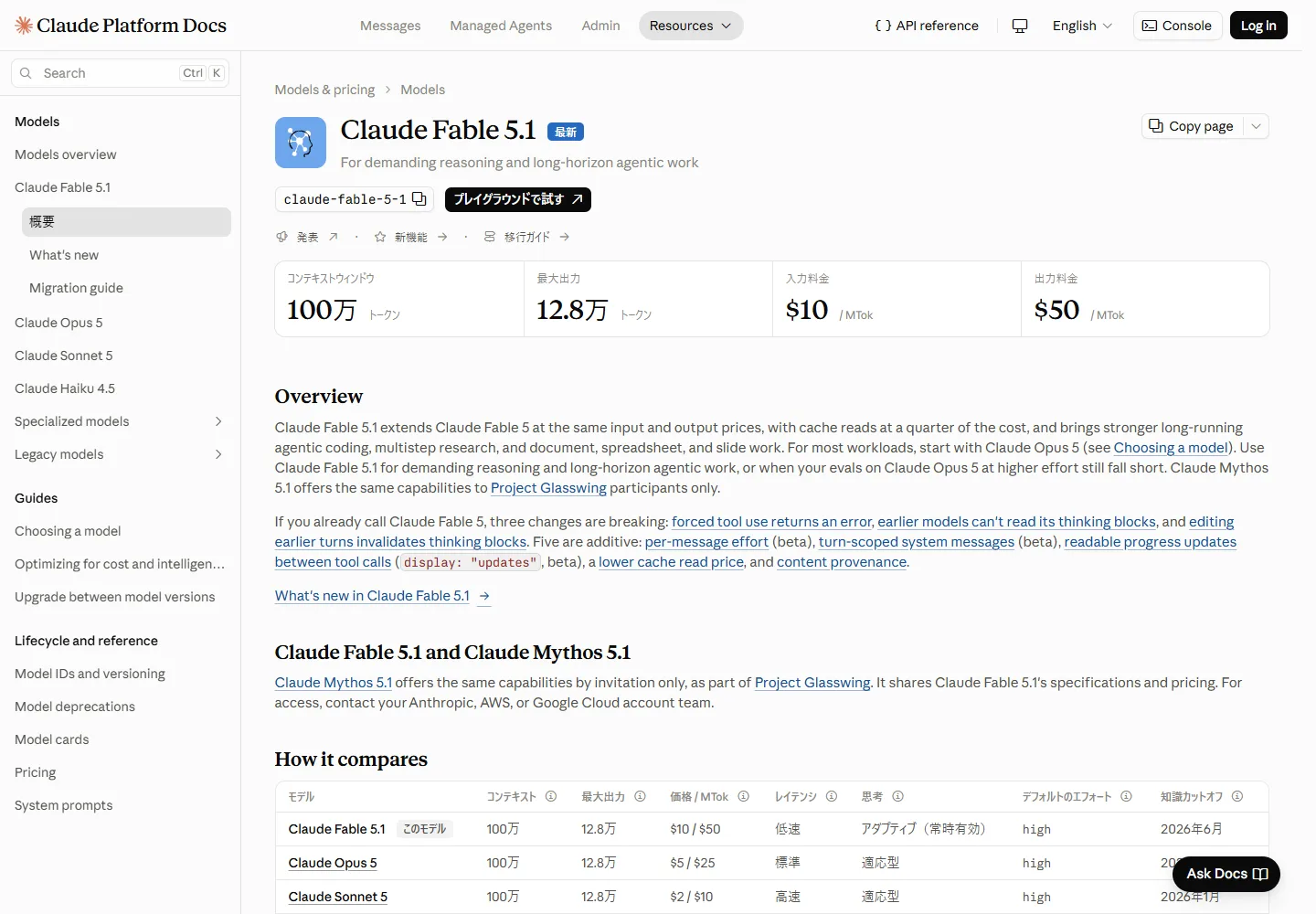 Claude Fable 5.1 official documentation with context, output limits and API pricing