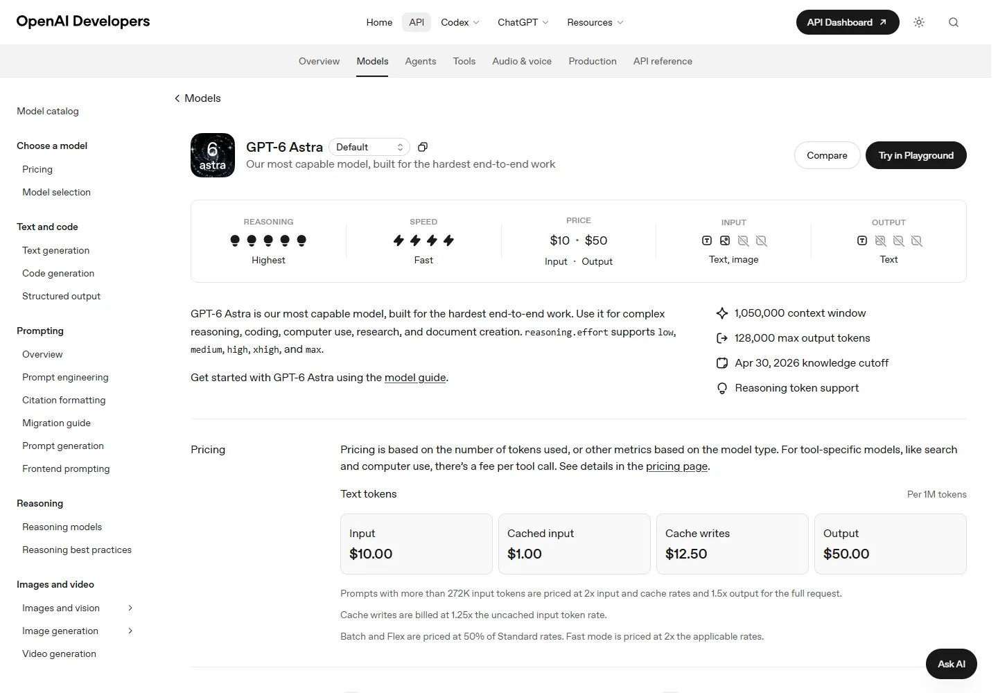 Documentation officielle OpenAI de GPT-6 Astra et tarifs par token