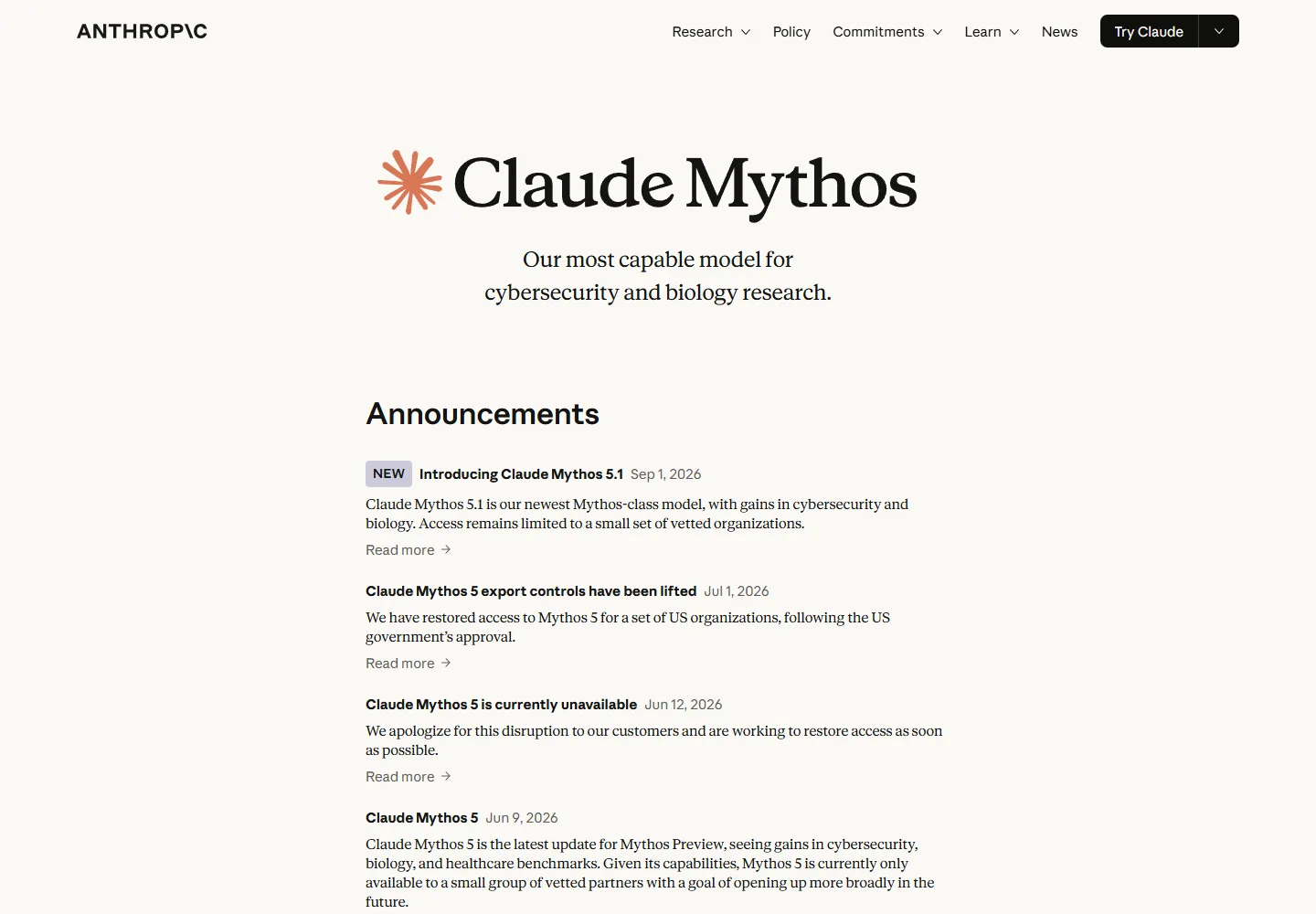 Página oficial do Mythos da Anthropic com lançamento em setembro de 2026 e acesso restrito