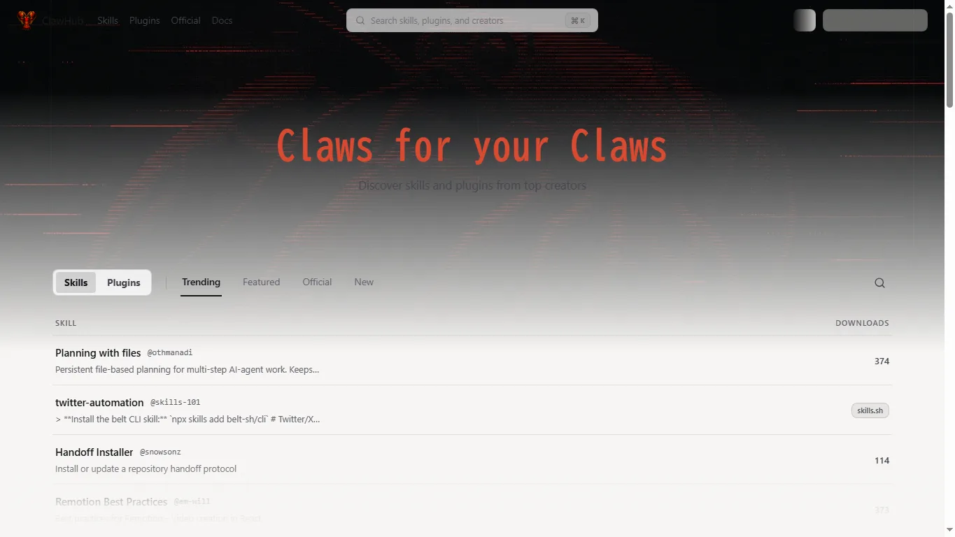 ClawHub website screenshot
