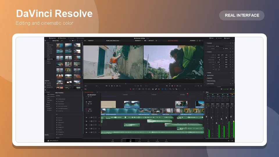 DaVinci Resolve editing and color-grading interface