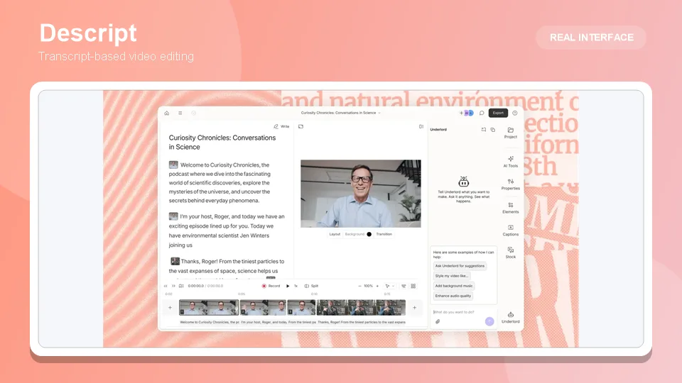 Descript transcript-based video editing interface