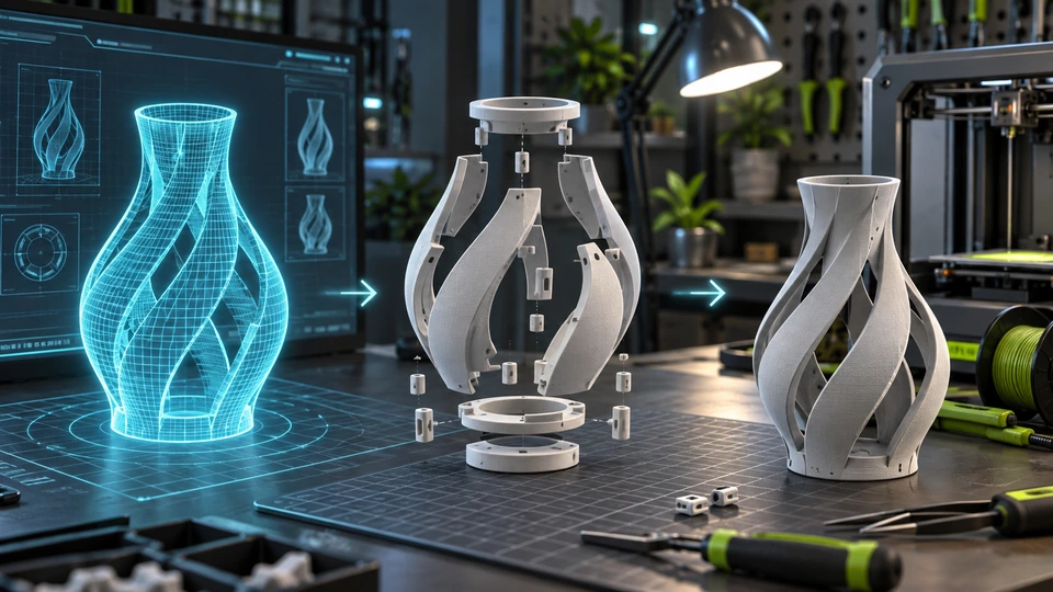 Digital 3D model progressing through printable parts to an assembled prototype