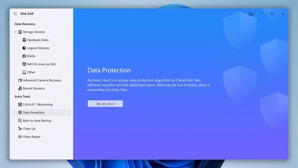 Disk Drill Data Protection screen for setting up Recovery Vault