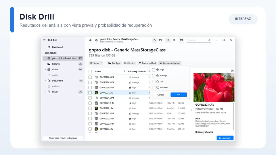 Interfaz de resultados de Disk Drill con vista previa y filtros de probabilidad de recuperación