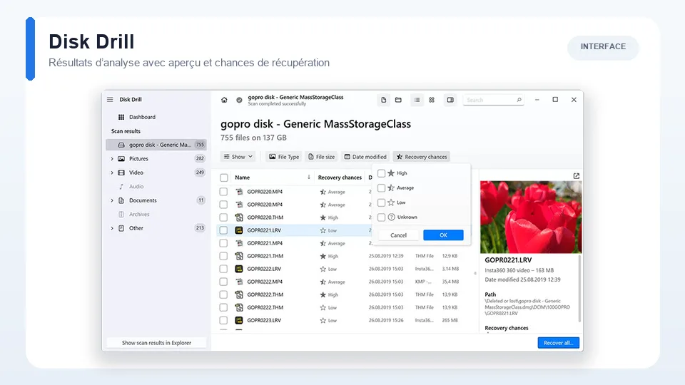 Interface de résultats de Disk Drill avec aperçu et filtres de chances de récupération