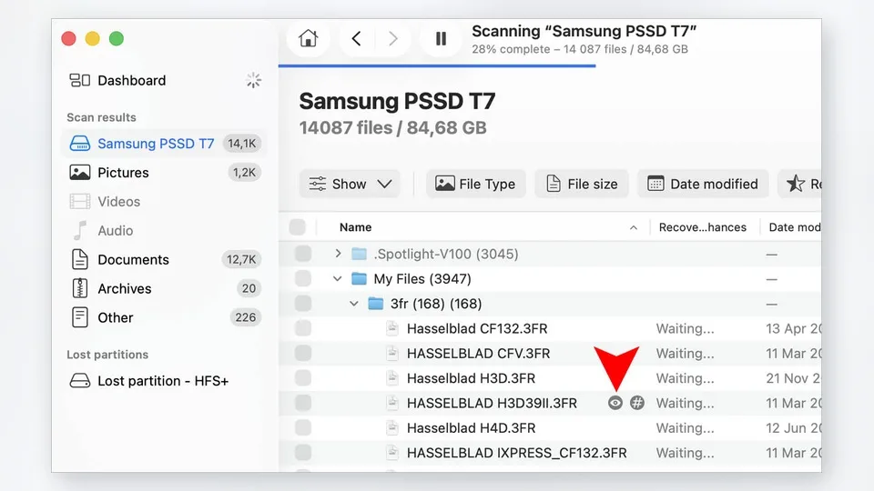 Disk Drill scan results with file categories, filters and recoverable files