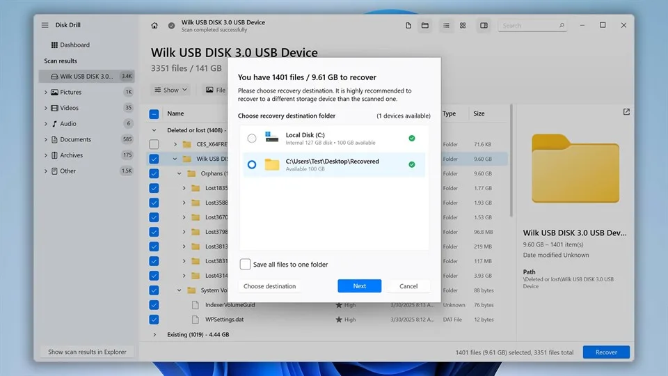 Disk Drill dialog for selecting a safe recovery destination folder