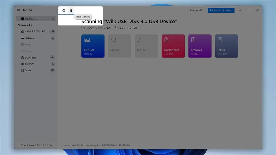 Disk Drill scanning a USB drive and displaying found file categories