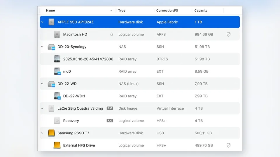 Disk Drill storage devices screen showing connected drives and disk images