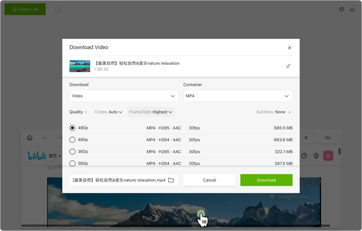Seleção de qualidade de um vídeo Bilibili no 4K Video Downloader Plus