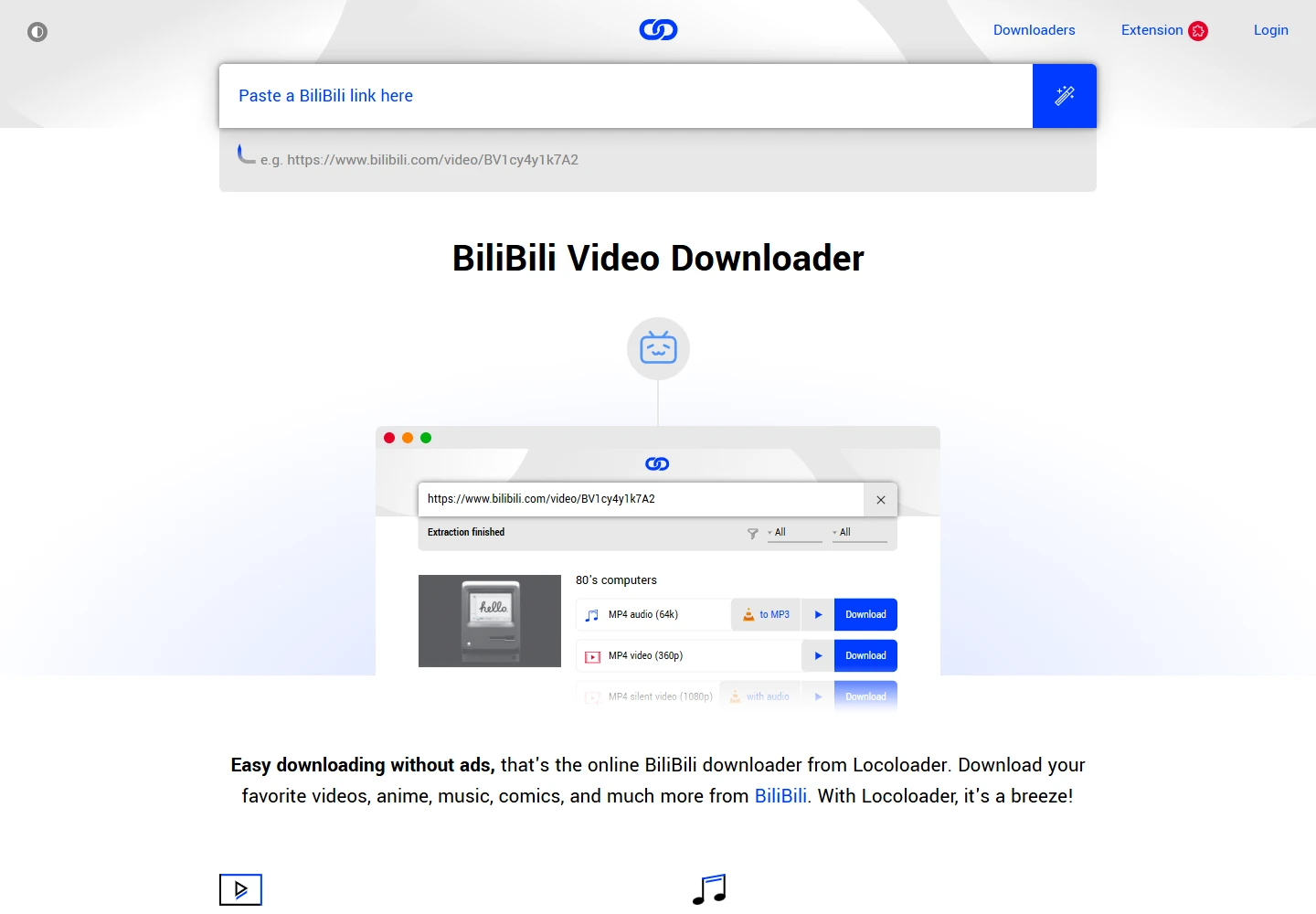 Página do Locoloader dedicada a vídeos de Bilibili