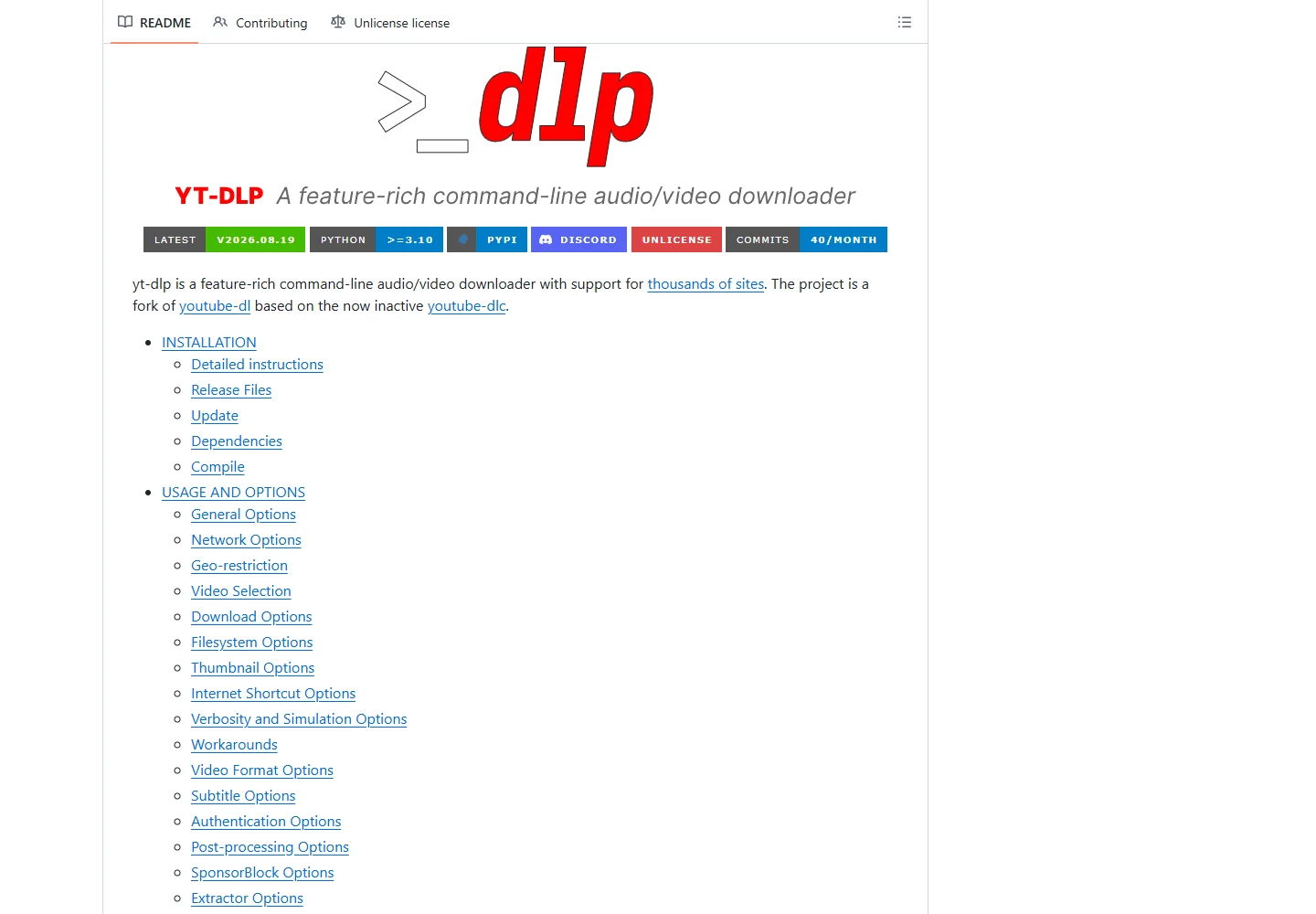 Repositório oficial e documentação do yt-dlp