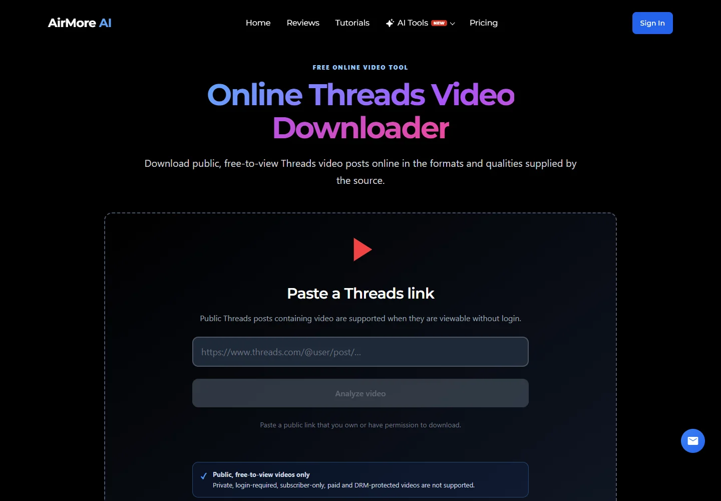 AirMore Threads video downloader: public post link input and Analyze video button
