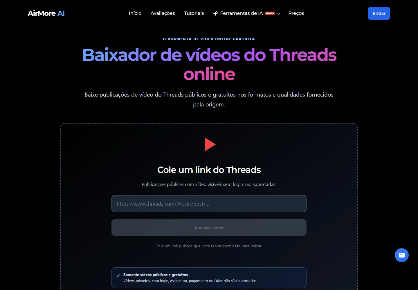 AirMore em português: campo de link do Threads e botão Analisar vídeo