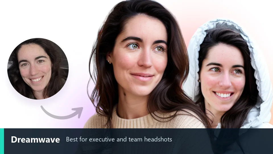 Official Dreamwave example showing a casual selfie and professional AI portrait results