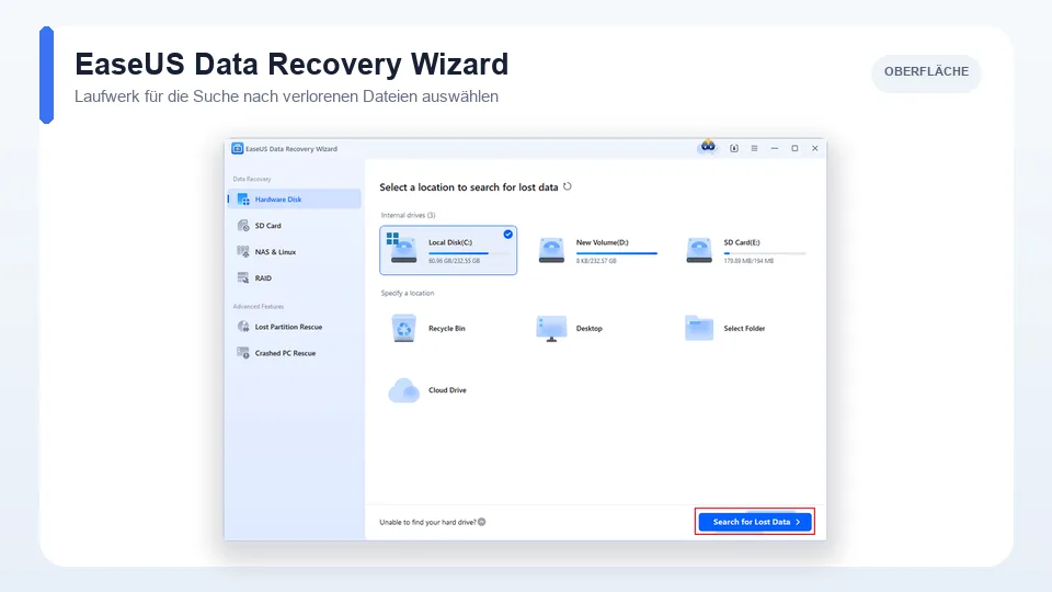 EaseUS Data Recovery Wizard zur Auswahl des zu scannenden Laufwerks