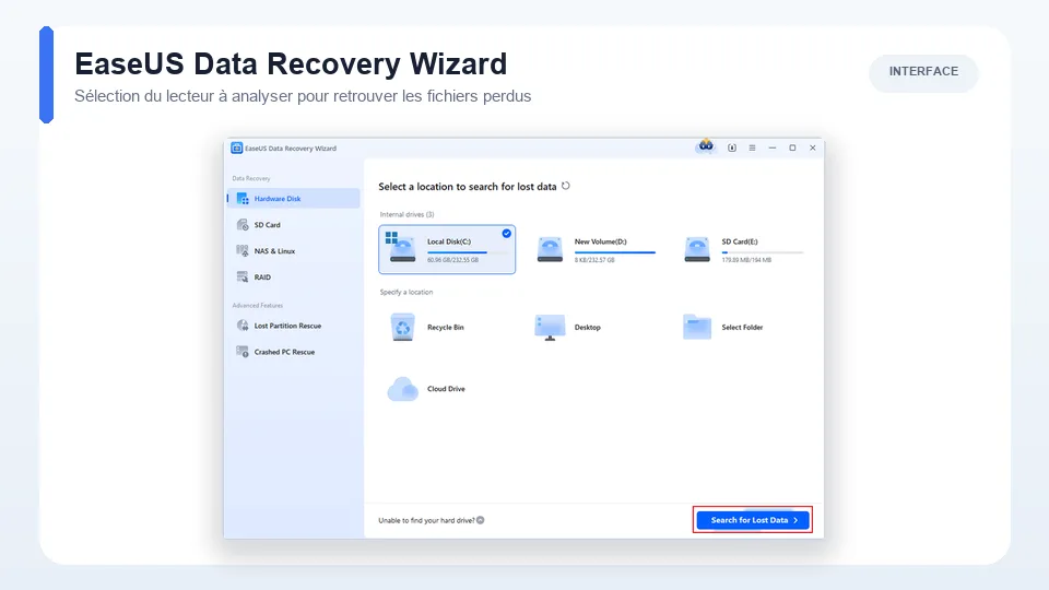 Interface d’EaseUS Data Recovery Wizard pour sélectionner le disque à analyser