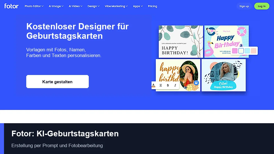 Fotor KI-Designer mit anpassbaren Geburtstagskarten