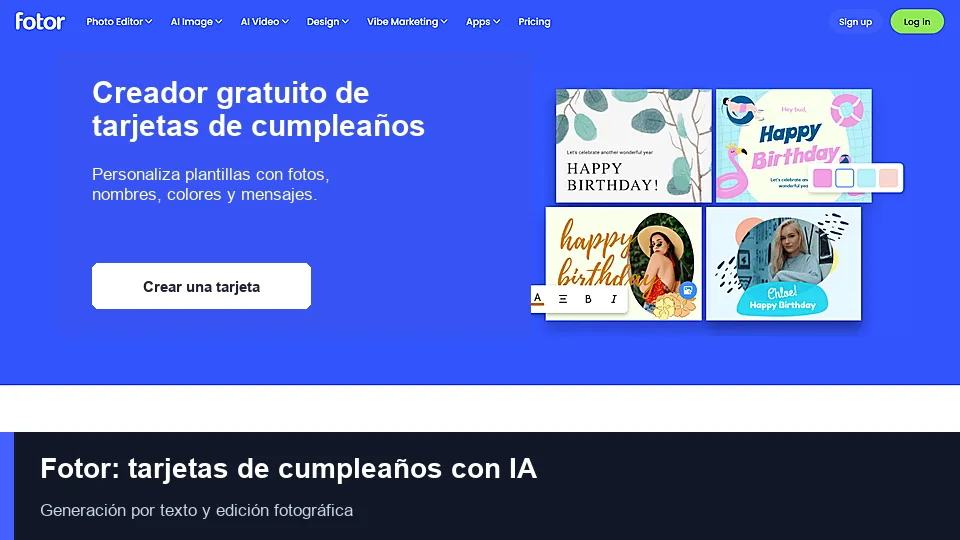 Página de Fotor con plantillas personalizables para crear tarjetas de cumpleaños online