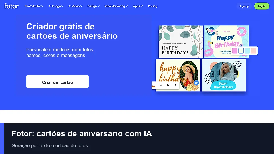 Página do Fotor com modelos personalizáveis para criar cartões de aniversário online