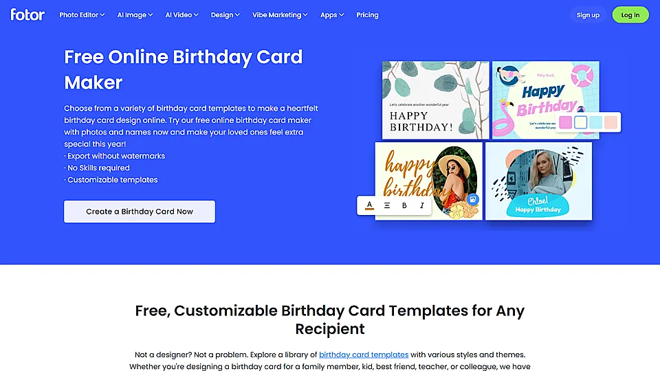 Fotor online birthday card maker page showing customizable birthday card templates