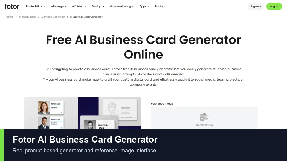 Fotor AI Business Card Generator with prompt and reference image controls