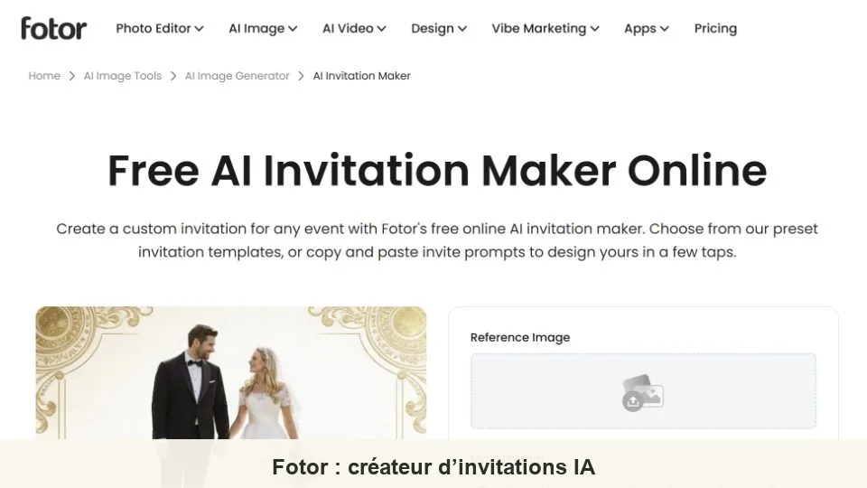 Fotor AI créateur d'invitations avec invite de mariage et contrôles d'image de référence