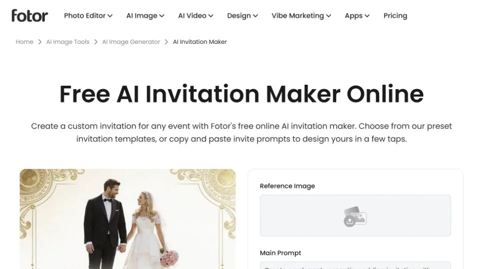 Fotor AI invitation maker with wedding prompt and reference image controls