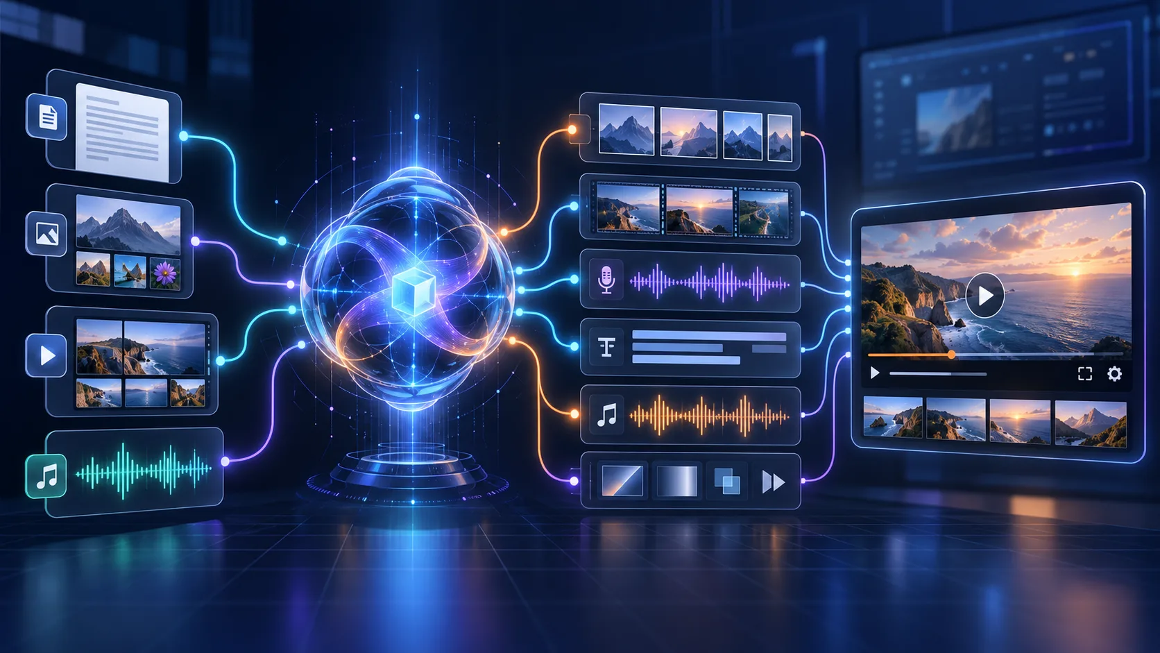 AI video production workflow with scenes, B-roll, voiceover, captions and music