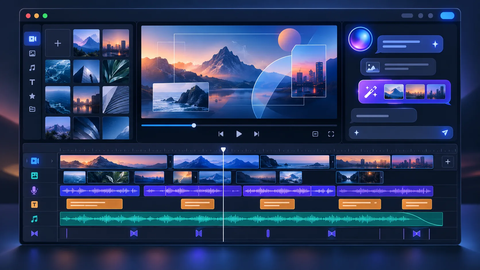 AI-assisted multi-track video timeline with separate media, voiceover, caption and music tracks