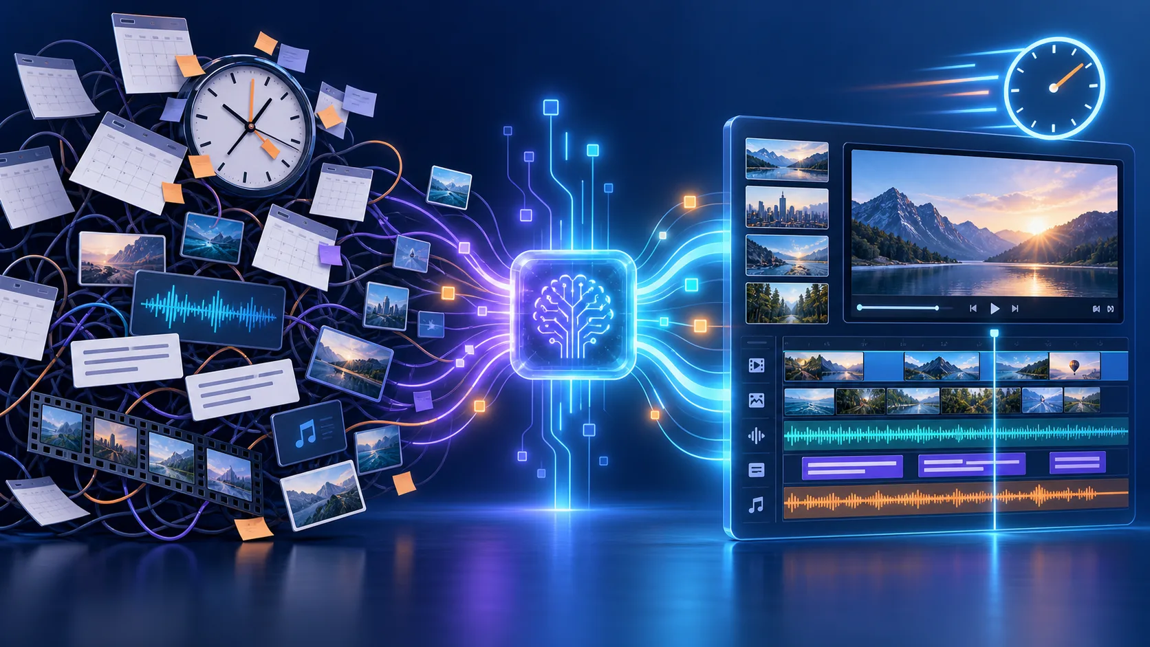 Traditional fragmented video production transformed into a streamlined AI editing workflow