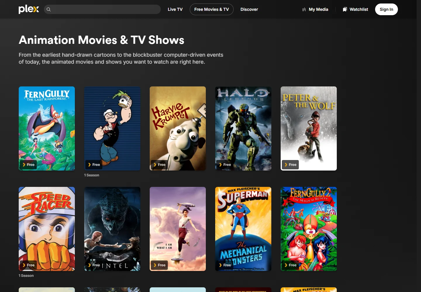Plex’s free animation browsing page