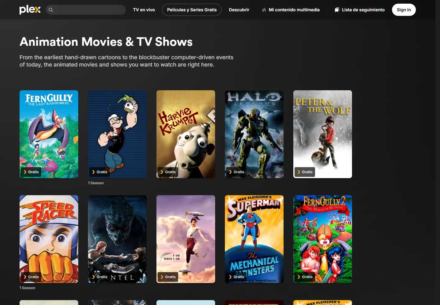 Categoría de animación de Plex con títulos gratuitos