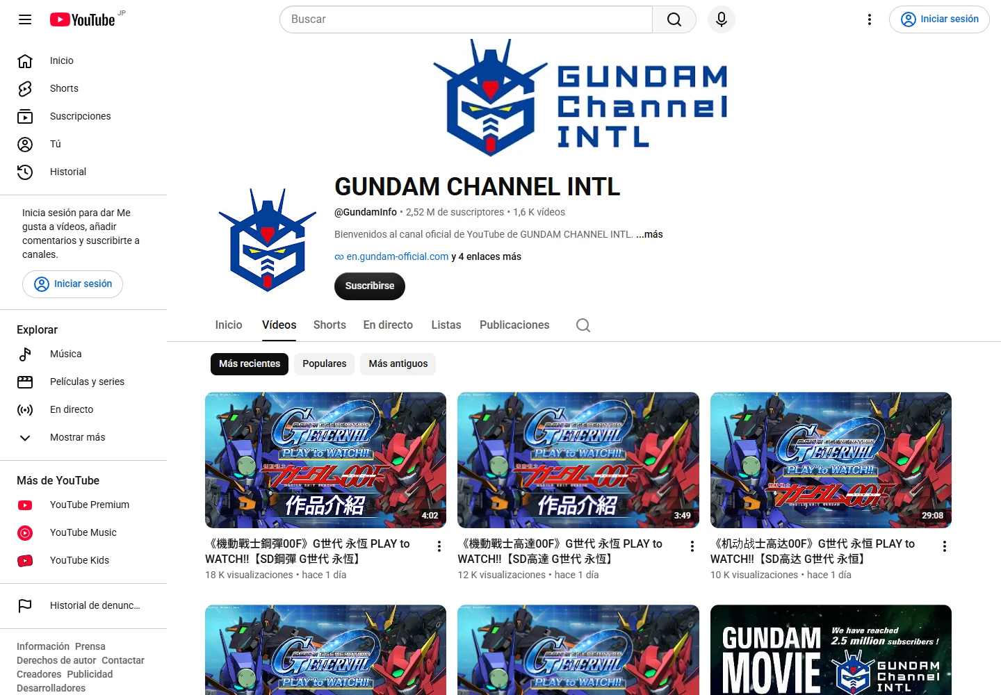 Canal oficial GUNDAM CHANNEL INTL en YouTube