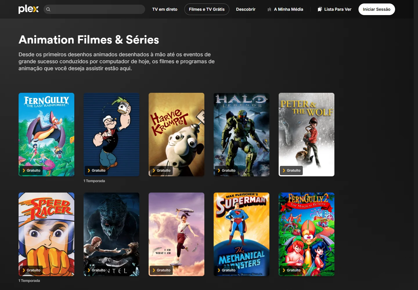 Categoria de animação do Plex com marcações de conteúdo gratuito