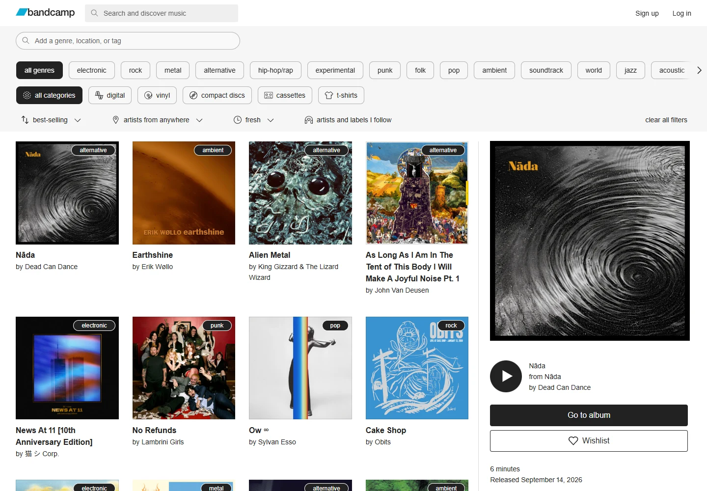 Bandcamp Discover with genre filters and album previews
