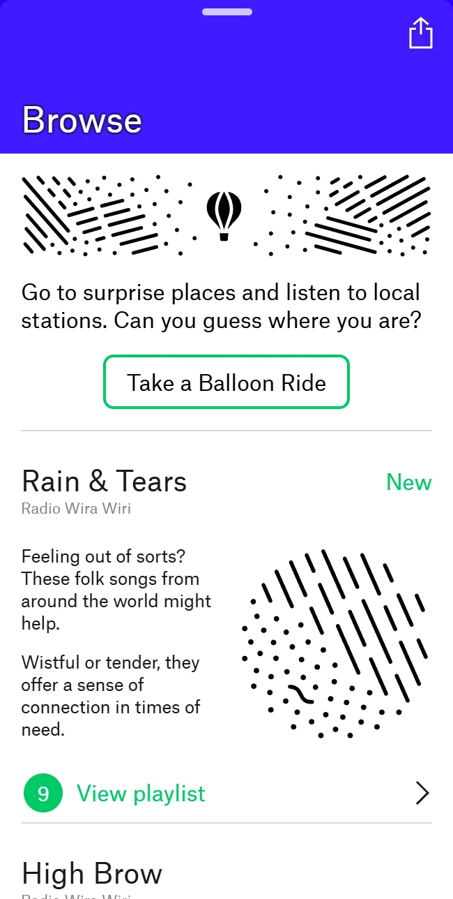 Radio Garden's Browse page with themed station recommendations