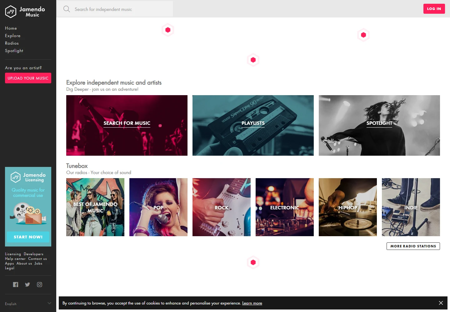 Jamendo Music's homepage with independent music and radio selections