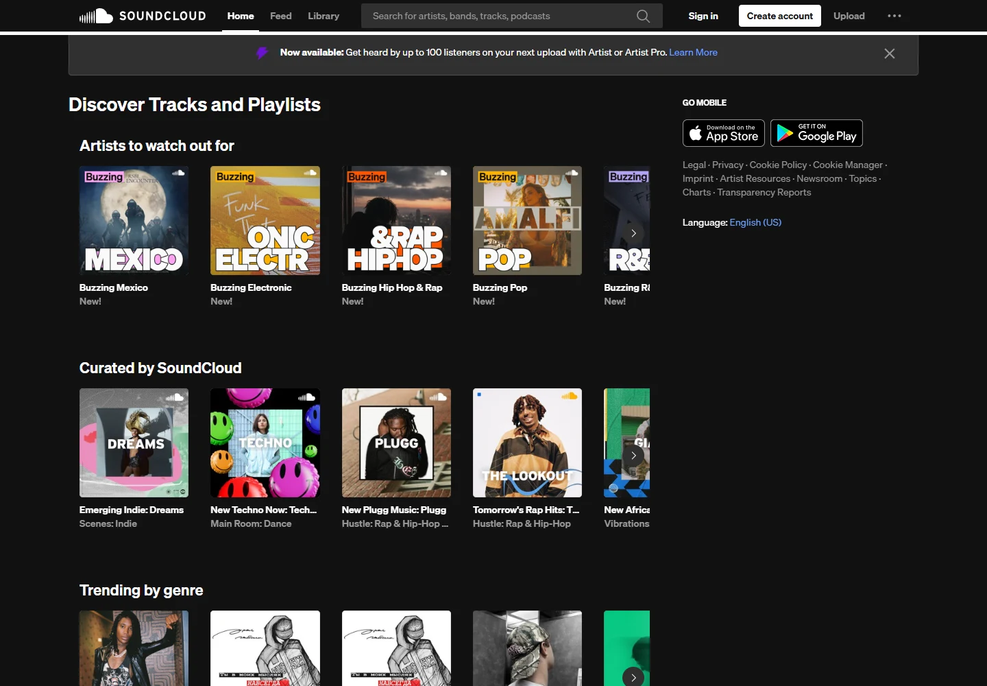 SoundCloud Discover showing emerging artists and curated playlists