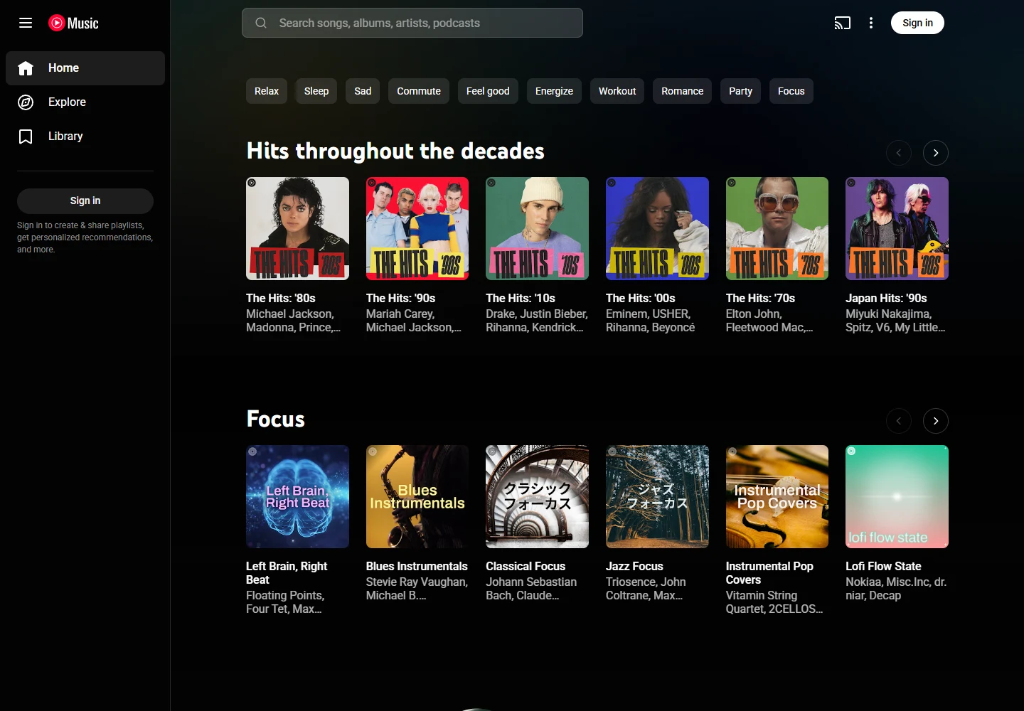 YouTube Music's web interface with music and playlist recommendations