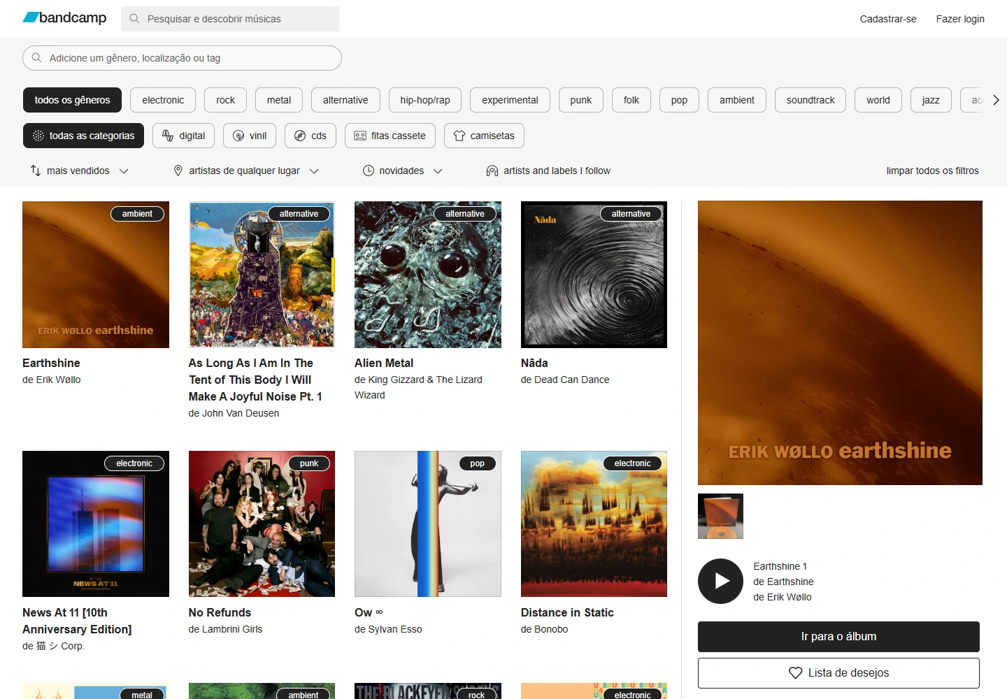 Bandcamp Discover com filtros de gêneros e prévias de álbuns