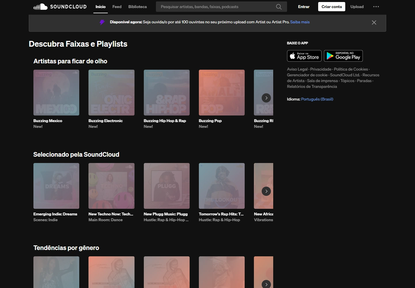 SoundCloud Discover com artistas emergentes e playlists