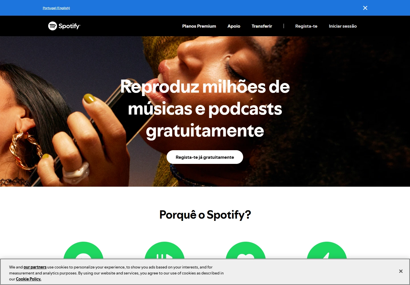 Página oficial do Spotify Free em português