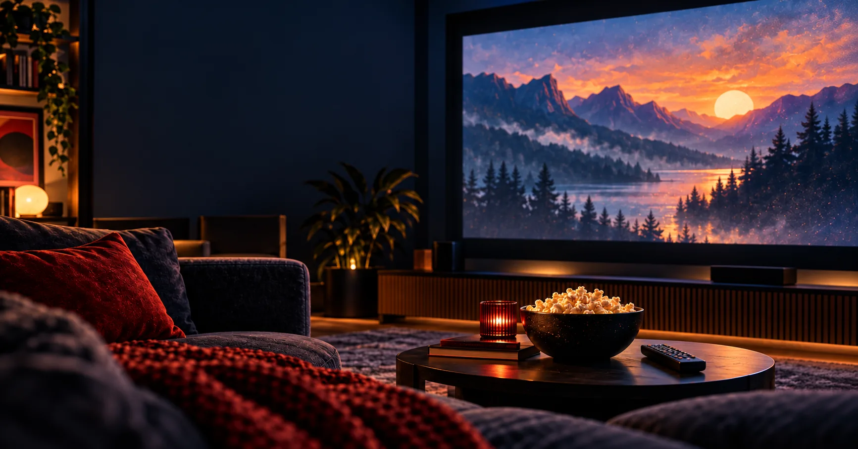 Ilustración de un salón preparado para ver películas y series en casa
