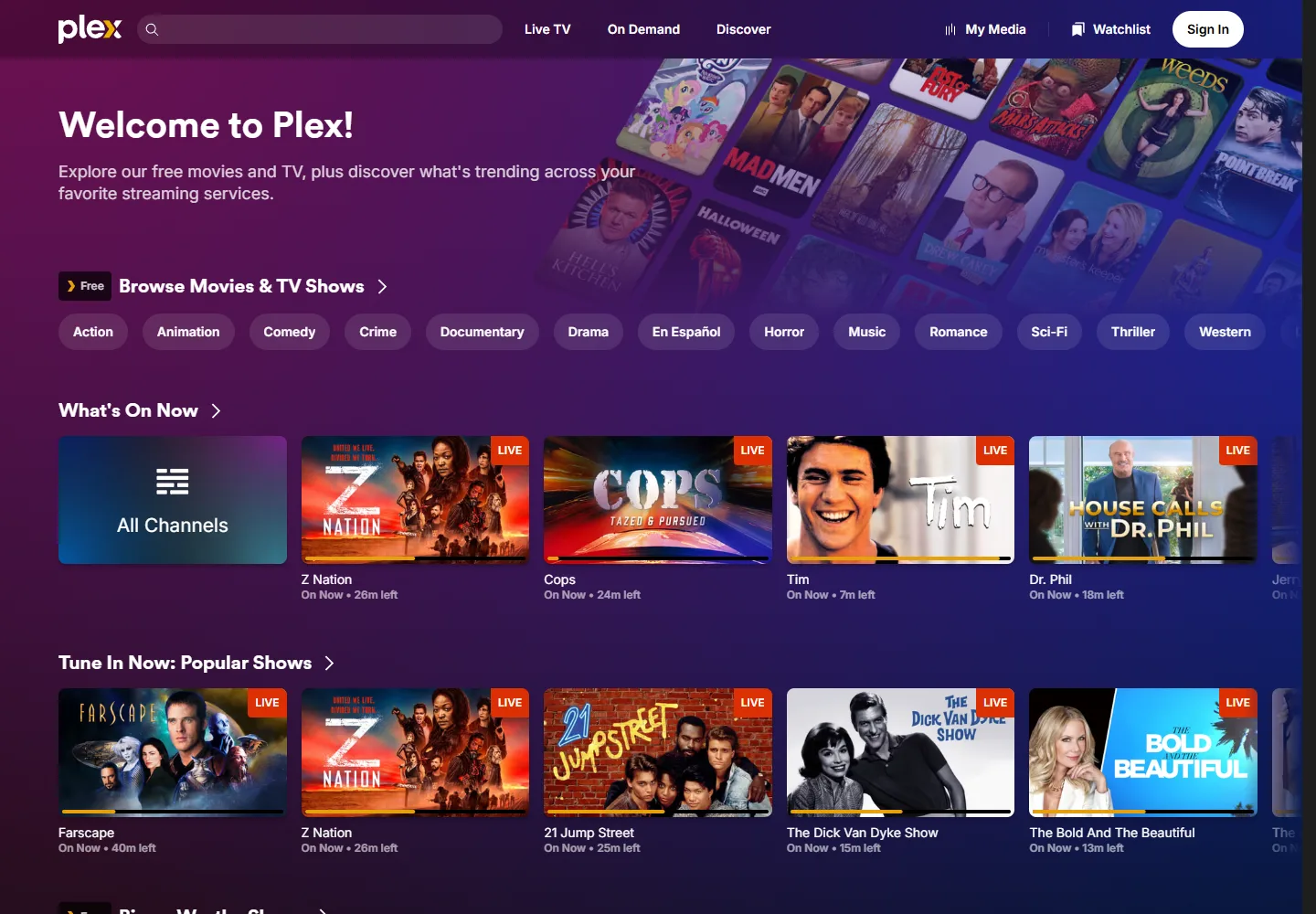Plex homepage with free movies, live channels and genre filters