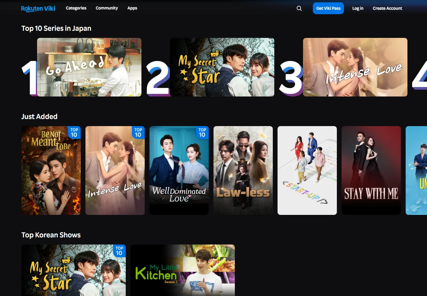 Rakuten Viki's Asian drama catalog and category navigation